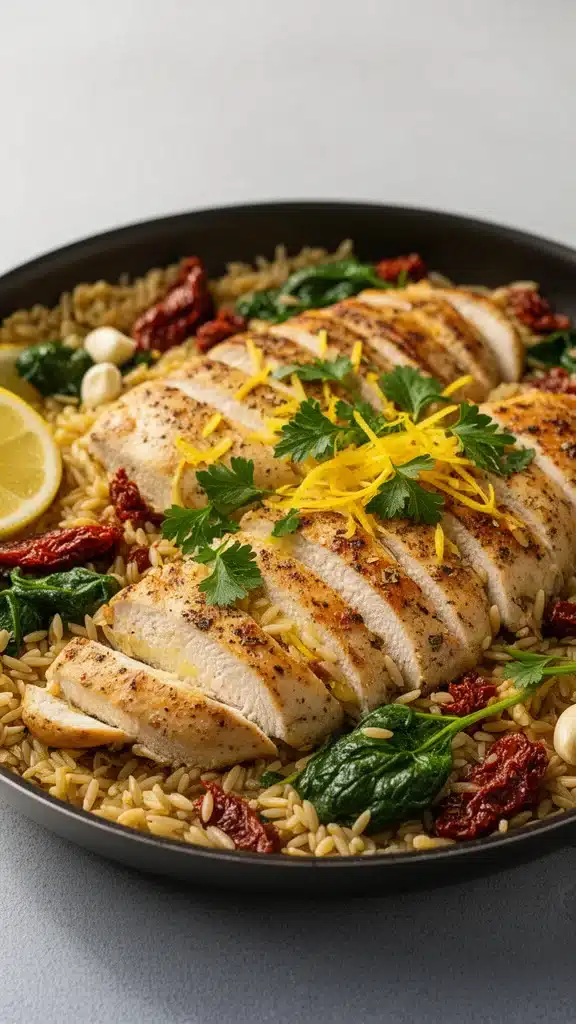 Mediterranean Chicken Orzo dish with fresh vegetables and herbs