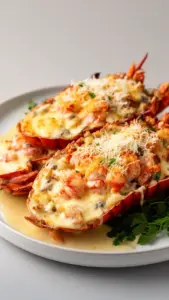 Plate of French Lobster Thermidor Delight garnished with herbs