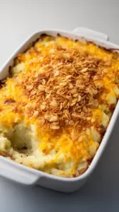 Delicious French Onion Funeral Potatoes served in a casserole dish