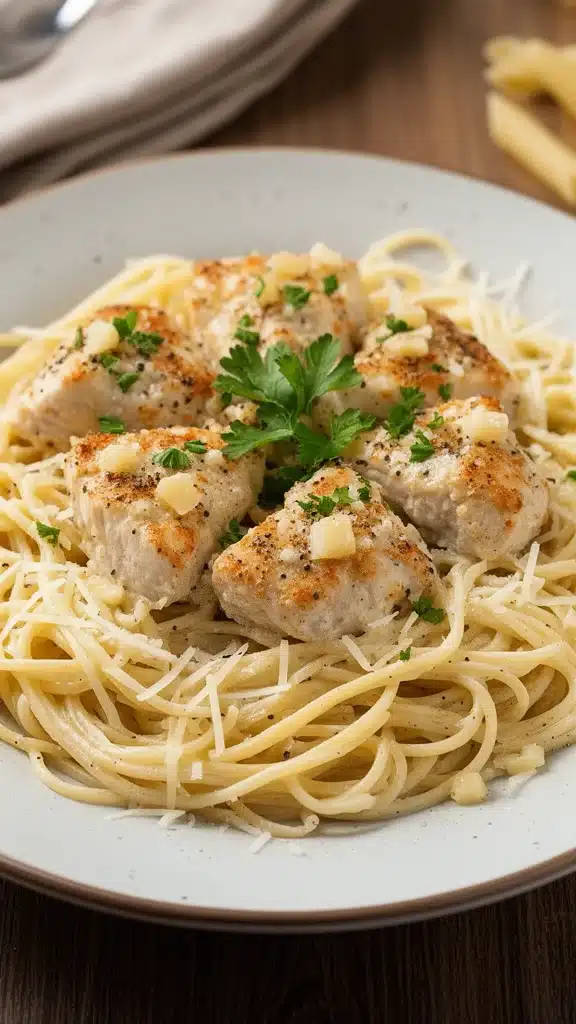 Garlic Butter Chicken Bites with Creamy Parmesan Pasta