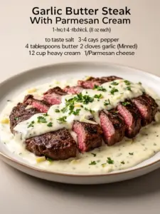 Delicious Garlic Butter Steak with creamy Parmesan sauce on a plate