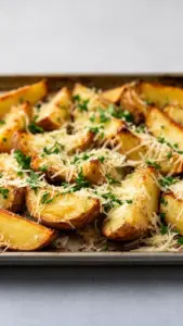 Crispy Garlic Parmesan Potato Wedges served on a plate with fresh herbs