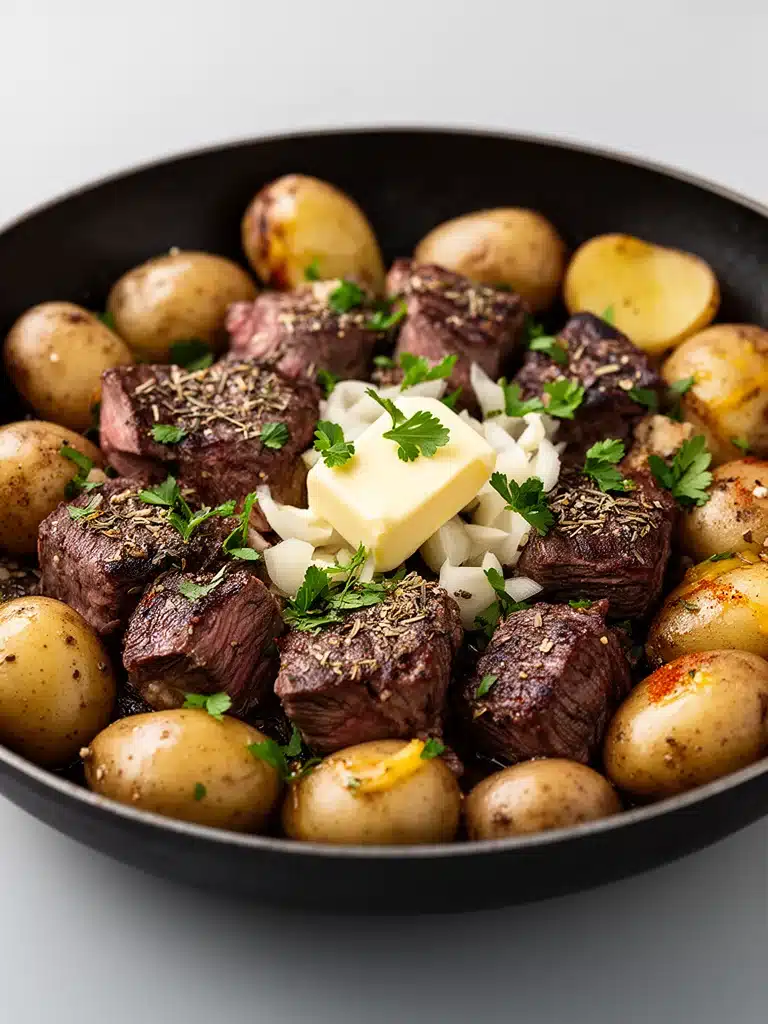 Plate of garlic steak bites with golden potatoes