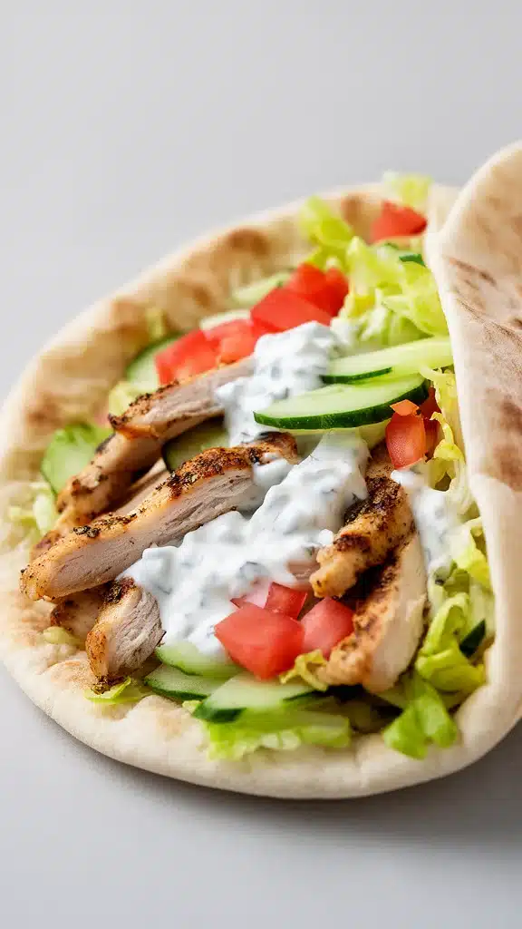 Delicious Greek Chicken Gyros with marinated chicken, veggies, and tzatziki sauce.