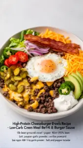 High-protein cheeseburger bowls with ground beef and burger sauce for meal prep