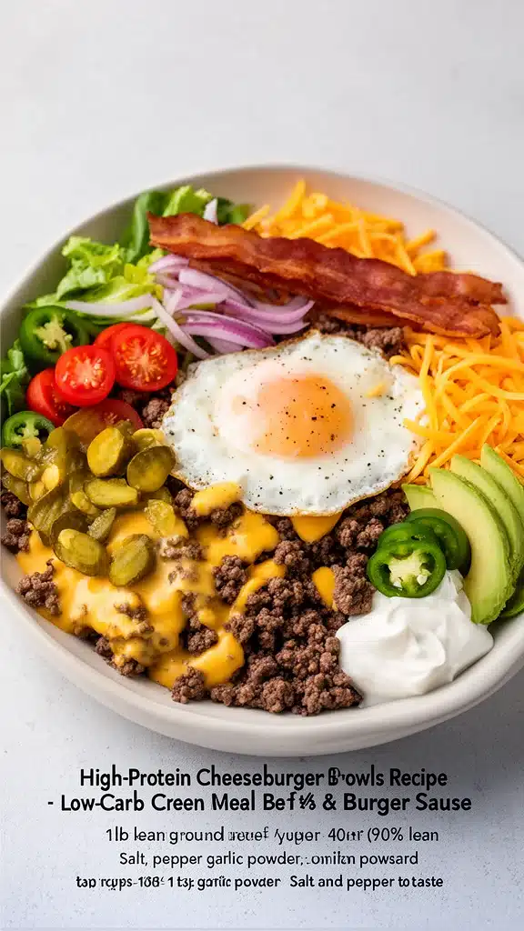High-protein cheeseburger bowls with ground beef and burger sauce for meal prep