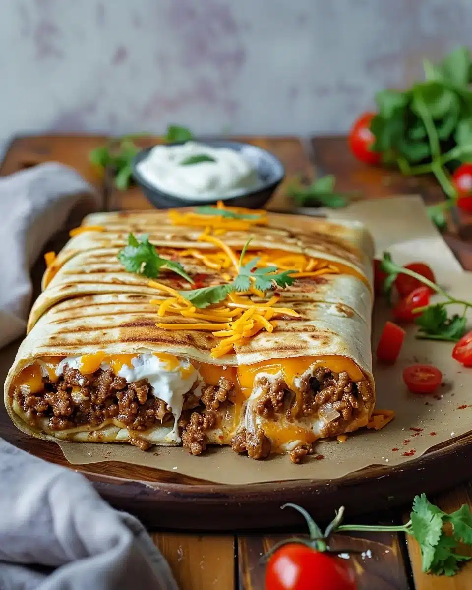 Delicious grilled cheese burrito with melted cheese and crispy tortilla