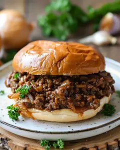Plate of French onion beef sloppy joes with melted cheese and caramelized onions.