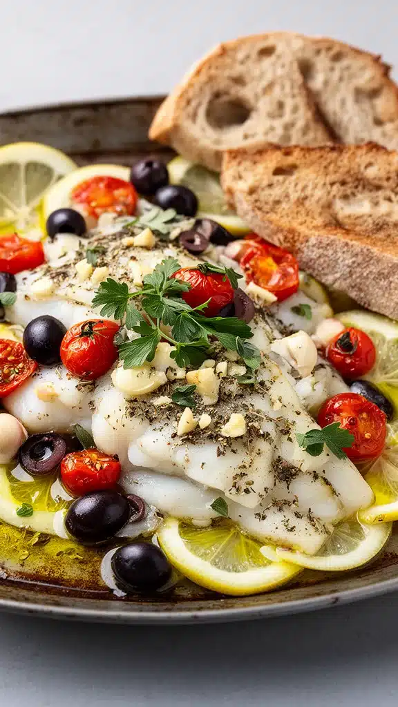 Mediterranean baked fish served with herbs and lemon slices