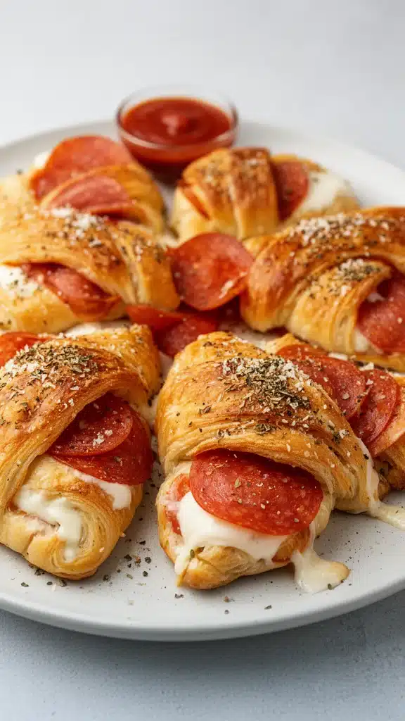 Mozzarella pepperoni croissant rolls fresh from the oven, golden and flaky.