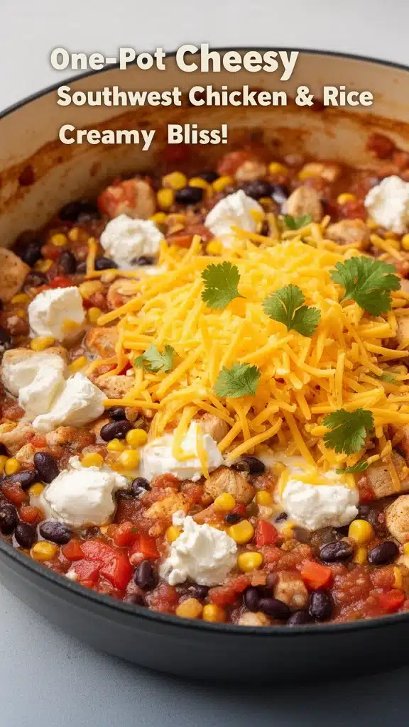 One-Pot Cheesy Southwest Chicken & Rice dish topped with cheese in a skillet