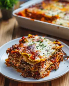 Parmesan Garlic Bacon Cheeseburger Lasagna served on a plate