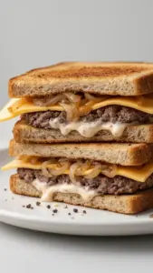 Delicious patty melt with beef, cheese, and grilled onions on toasted bread.