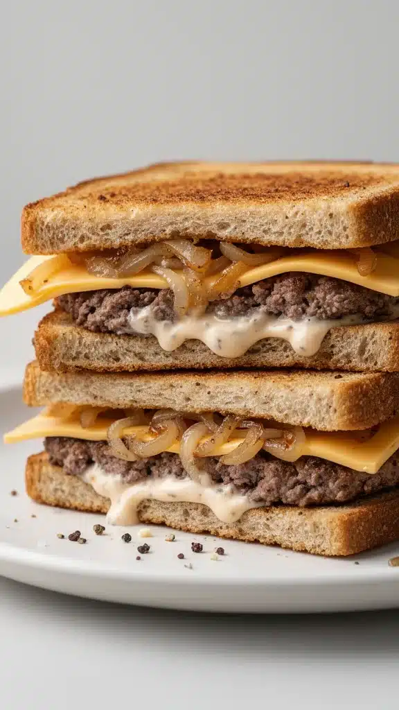 Delicious patty melt with beef, cheese, and grilled onions on toasted bread.