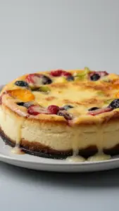 Delicious cheesecake dessert served on a plate with a graham cracker crust.