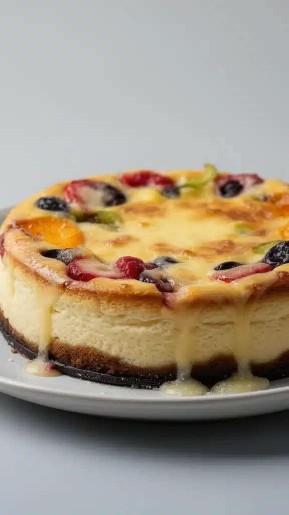 Delicious cheesecake dessert served on a plate with a graham cracker crust.