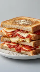 Melted cheese and pepperoni in a grilled cheese sandwich inspired by pizza