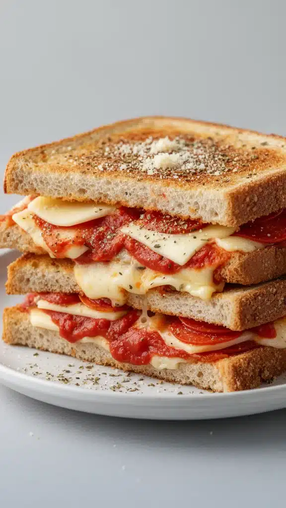 Melted cheese and pepperoni in a grilled cheese sandwich inspired by pizza