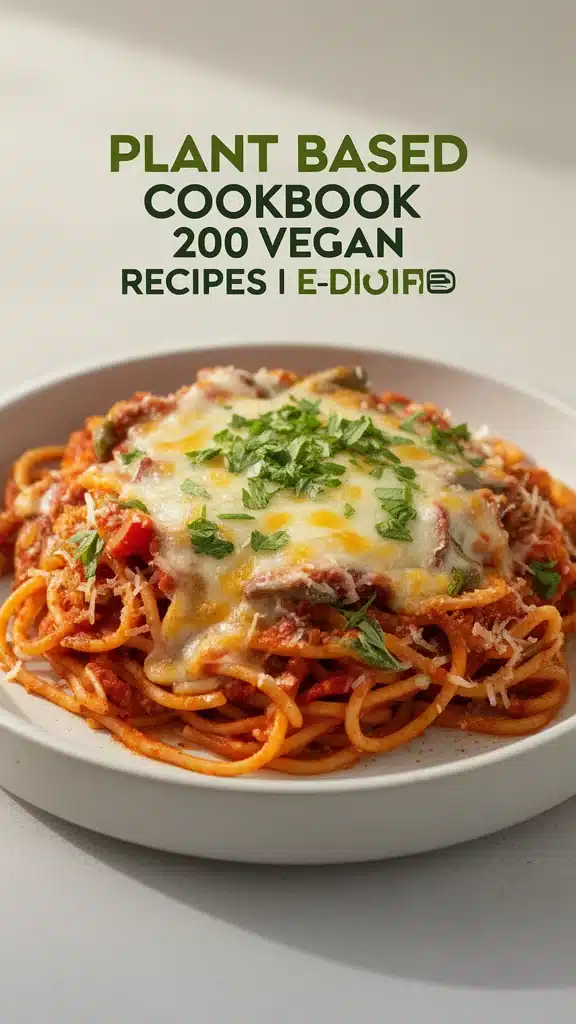 Plant-based cookbook featuring 200 vegan recipes including pasta and interesting dishes.