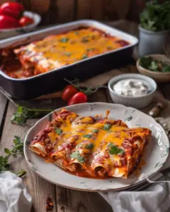 Plate of quick and easy enchiladas topped with cheese and salsa