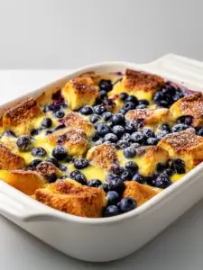 Quick blueberry French toast casserole topped with fresh blueberries