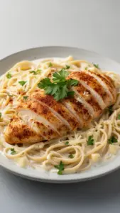 Savory Cajun Chicken served with creamy garlic Parmesan linguine on a plate.