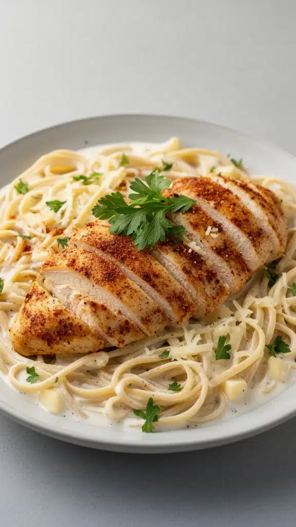 Savory Cajun Chicken served with creamy garlic Parmesan linguine on a plate.