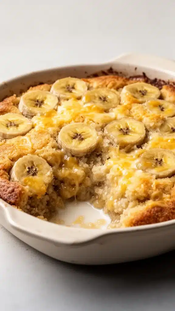 Delicious Southern Banana Cobbler served in a dish with fresh bananas and crust.