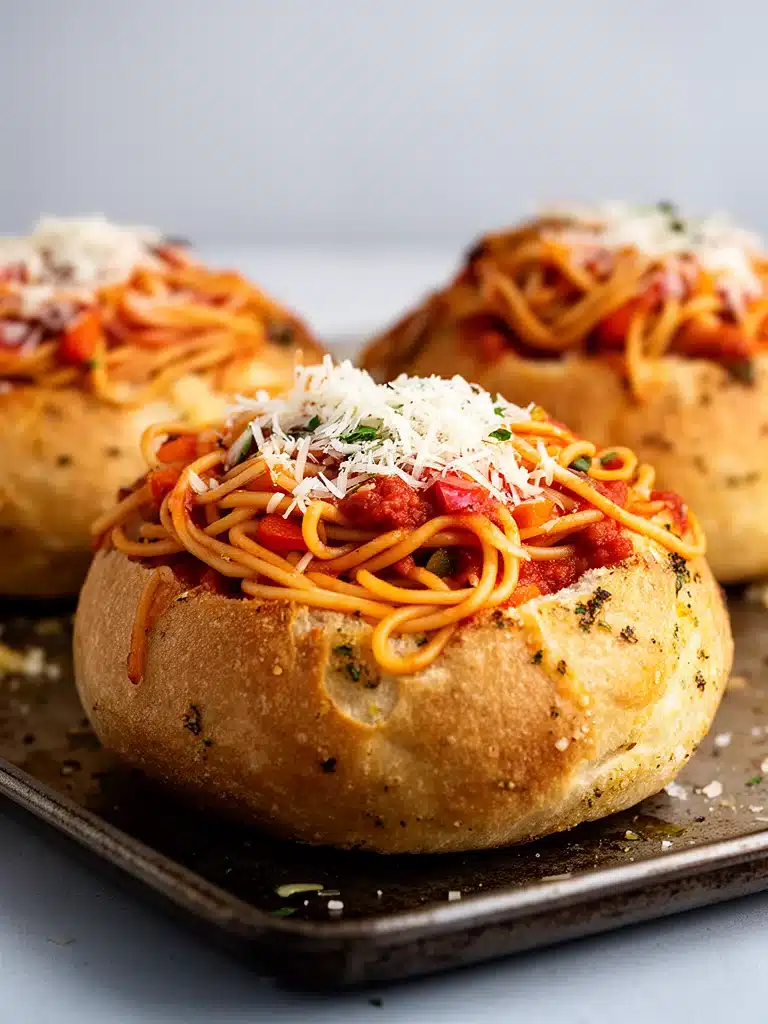 Spaghetti Garlic Bread Bowls