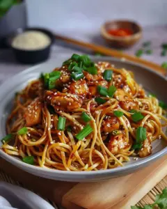 Delicious sticky garlic chicken noodles served in a bowl