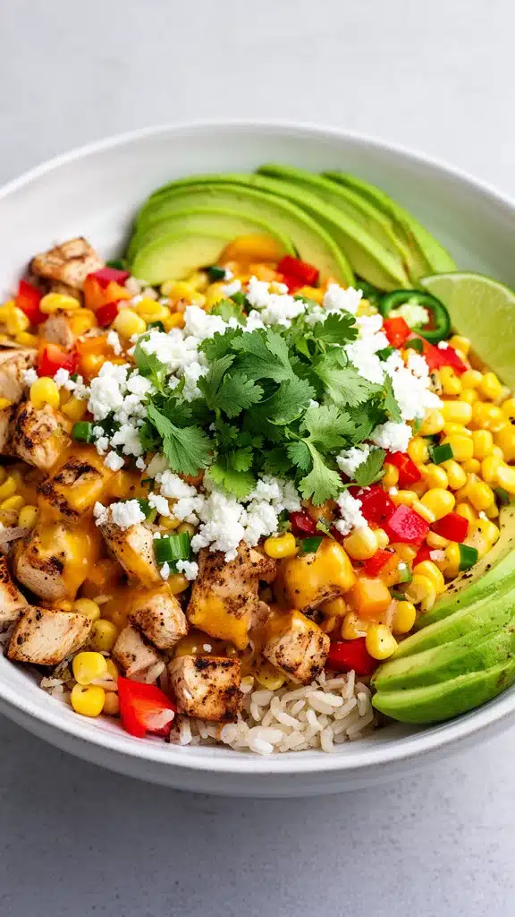 Delicious Street Corn Chicken Rice Bowl with chicken, corn, and rice.