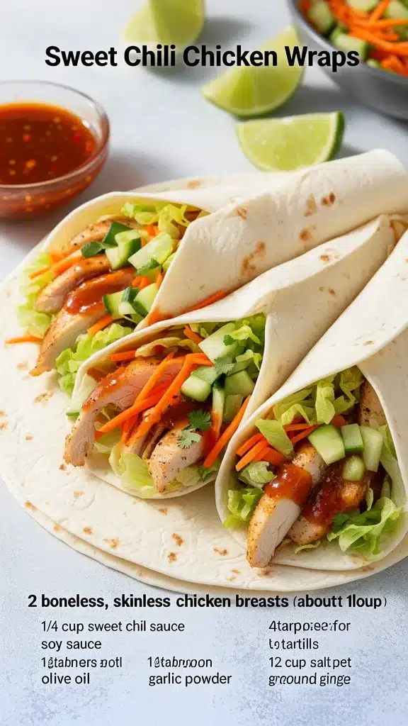 Sweet Chili Chicken Wraps filled with fresh ingredients and spicy sauce