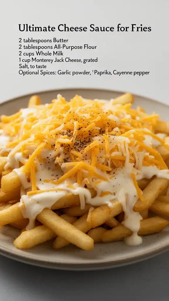 Delicious ultimate cheese sauce poured over crispy fries